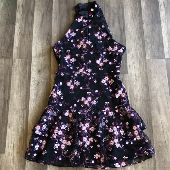Parker Luana Black Floral Embroidered Halter Mini Dress 2 NEW - Picture 3 of 11